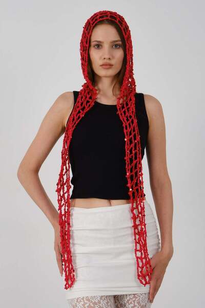 C&City Sequin Detailed Wide Hole Summer Knitted Beanie Y8251 Red