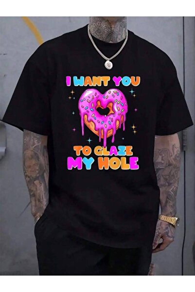 799 تي شيرت نسائي ورجالي أسود 100% قطن بطبعة 'I Want You To Glaze My Hole' مض...
