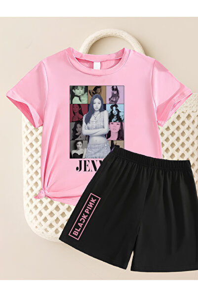 MAGORS طقم تي شيرت وشورت قصير الأكمام من القطن المطبوع من JISOO من BLACKPINK ...