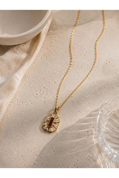 Gökkuşağı Sepeti Steel Red Zircon Stone Geometric Necklace Gold Color Sparkling Minimal Women's Necklace Daily and Special Occasion Jewelry