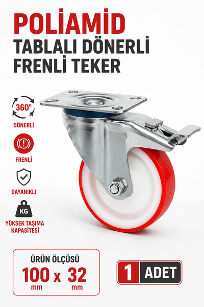 Badem10 Poliamid Tablalı Dönerli Frenli Teker 1 Adet 100x32 mm Kırmızı Endüst...