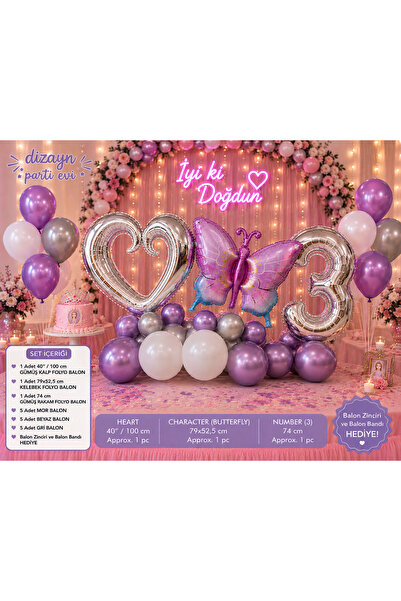 Dizayn Parti Evi Kelebek ve Gümüş Kalp Folyo Balon Seti 1 2 3 4 5 6 7 8 Yaş
