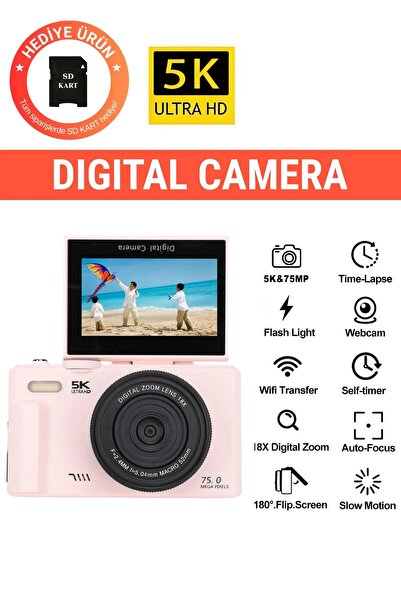 Rabbit Tech 5K Dijital Video Kamera 75 MP 18X Zoom Flaşlı 3” Flip Ekranlı SD ...