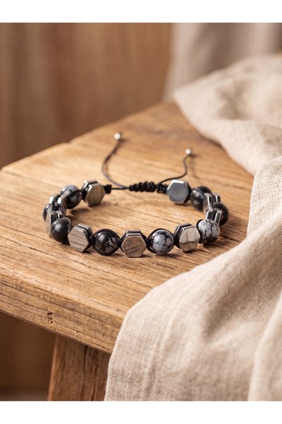 OSMANLI DEĞERLİ TAŞ Snowy Obsidian - Hematite Natural Stone Macrame Bracelet