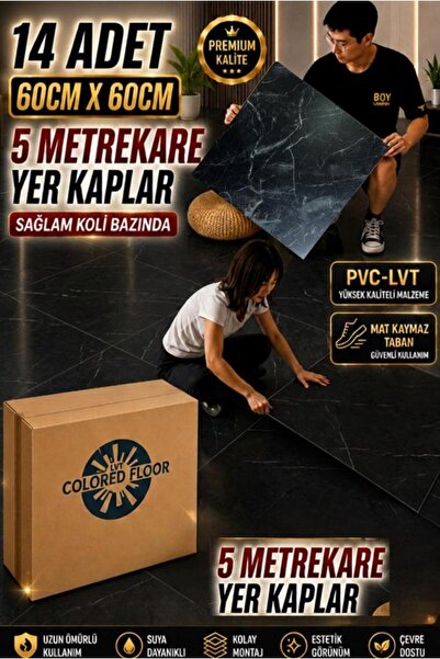 Renkli Duvarlar 14 Adet 60X60cm Siyah Mermer Desenli Floor Pvc-Lvt Yapışkanlı...