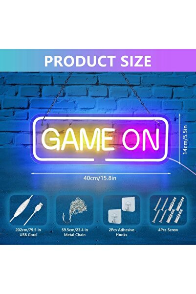 NO BRAND Lumină LED neon cu mesaj 'Game on' pentru perete, USB, luminozitate ...