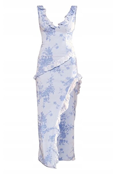 NO BRAND Prettylittlething rochie midi albastră asimetrică cu volane și floar...