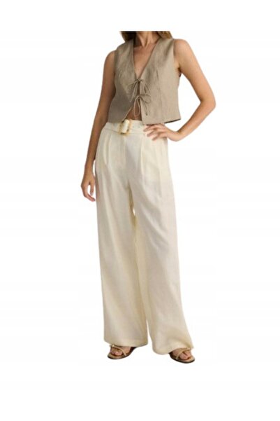 NO BRAND Pantaloni crem, drepți, lungi, cu picior larg, cu buzunare, cu curea...