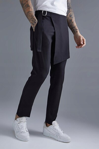 NO BRAND Pantaloni negri slim, netezi, conici, cu bandă decorativă în talie, ...