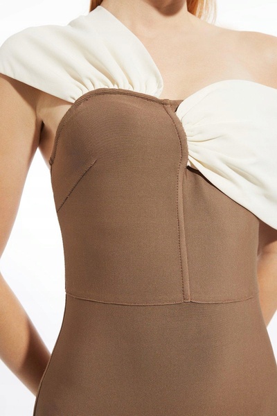 NO BRAND Rochie midi maro, tip creion, netedă, cu decolteu asimetric, Karen M...