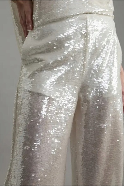 NO BRAND Pantaloni lungi albi cu paiete, cu picior larg, talie înaltă, Karen ...