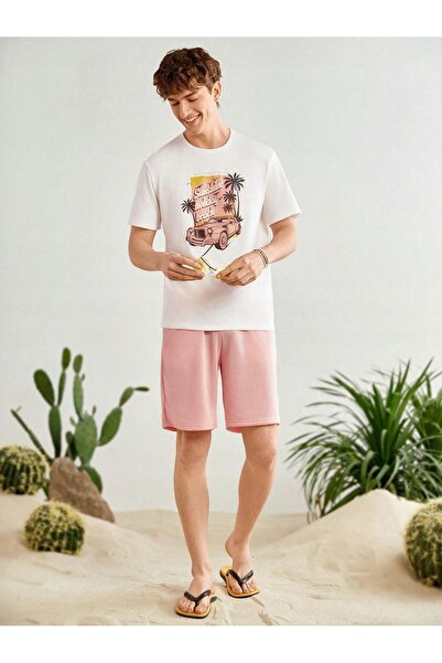 NO BRAND Tricou alb complet cu imprimeu, șorturi bermuda roz netezi, Manfinity S