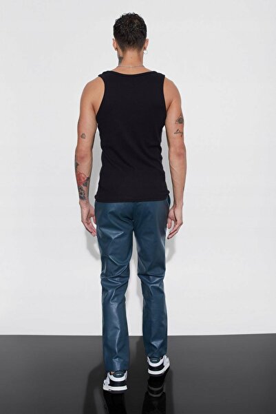 NO BRAND Pantaloni lungi albastri din piele ecologică, croială dreaptă, cu bu...
