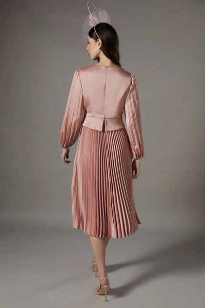 NO BRAND Rochie de cocktail midi, dreaptă, plisată, din satin roz, Coast 46