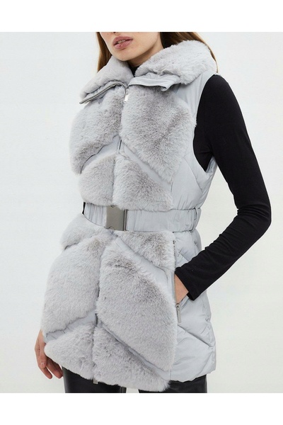 NO BRAND Vestă gri cu dungi, cu blană, elegantă, matlasată, cu dungi, mărimea S.