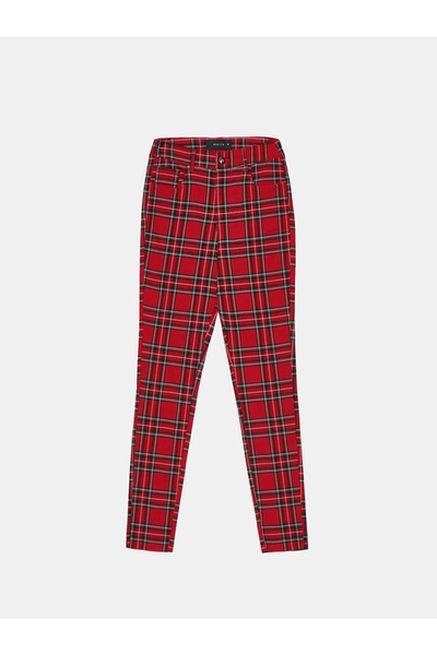 NO BRAND Pantaloni clasici roșii, tip tub, strâmți, cu model în carouri, tali...