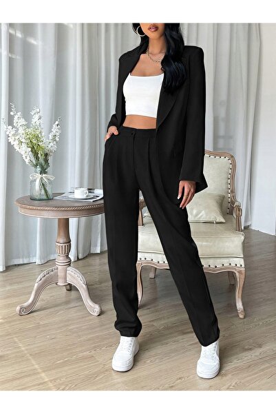 NO BRAND Costum de afaceri clasic negru, uni, sacou și pantaloni, cu rever, S...