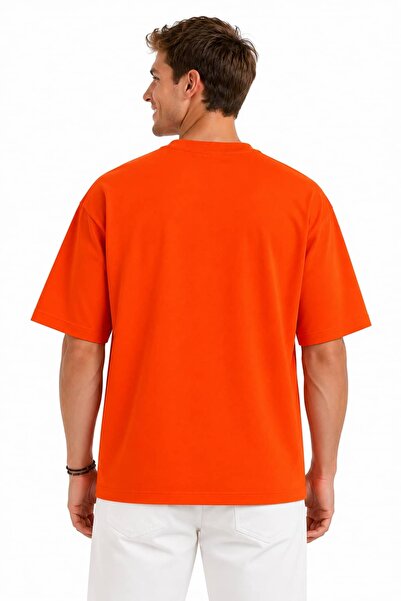 Vasto Moda Erkek Oversize Kalın Dokulu %100 Organik Pamuk Bisiklet Ribana Yakalı Turuncu T-Shirt
