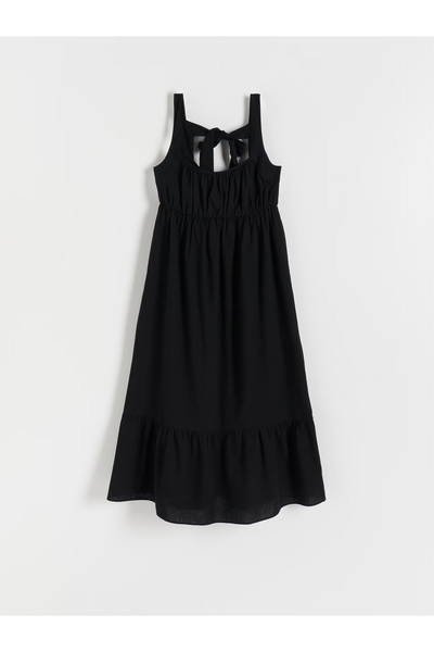 NO BRAND Rochie midi clasică neagră cu bretele și legătură la spate XXL