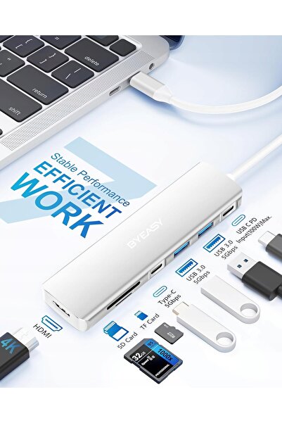 NO BRAND BYEASY 7 în 1 Adaptor Hub Splitter USB-C 4K HDMI