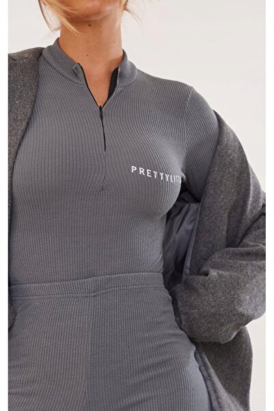 NO BRAND Body gri cu dungi, cu fermoar și mânecă lungă, cu imprimeu Prettylit...