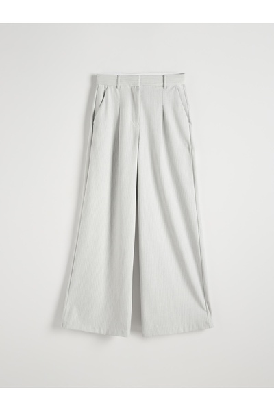 NO BRAND Pantaloni gri-albaștri cu talie înaltă, cu dungi, clasici, uni, cu b...