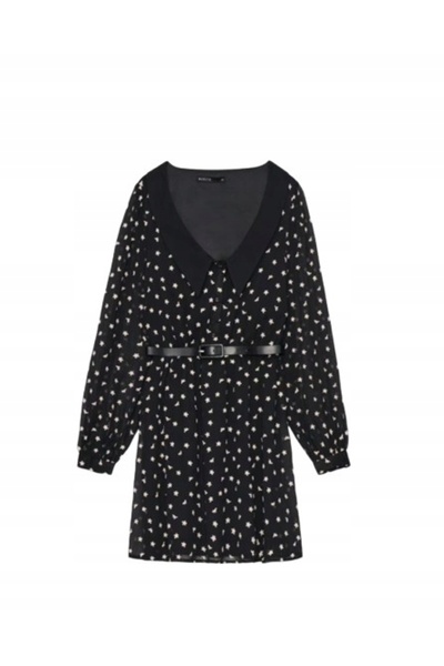 NO BRAND Rochie mini neagră cu model brodat, mâneci lungi, curea, clasică, si...
