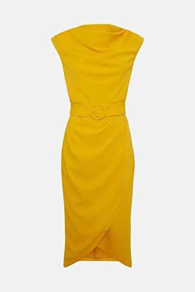 NO BRAND Rochie galbenă cu dungi, asimetrică, cu cordon, decolteu adânc, Coas...
