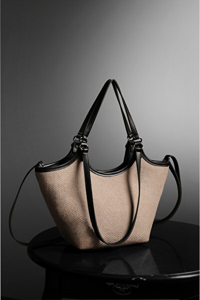 Rimense Women's Straw Black Faux Leather Hand and Shoulder Bag