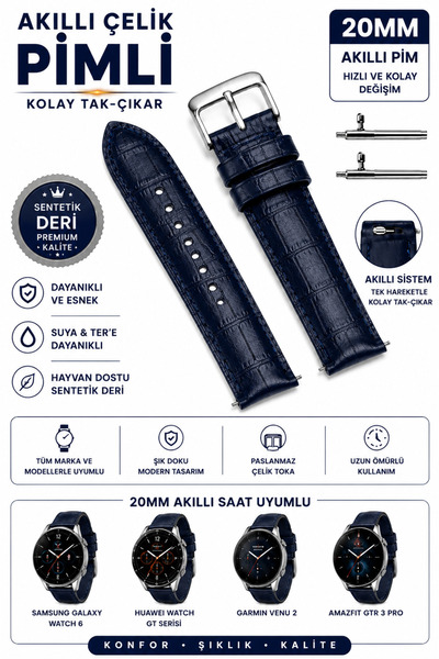 onlinekordon Fossil Sport 41mm Uyumlu 20mm Kolay Sök Tak Çelik Pimli Lacivert...