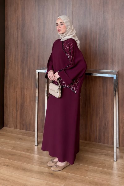 Moda Neval Women's Sequin Embroidered Linen Bat Sleeve Dress
