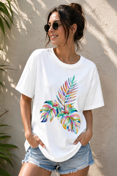 ArtYus Colorful Tropical Leaf Printed Crew Neck Casual Unisex Oversize T-Shir...