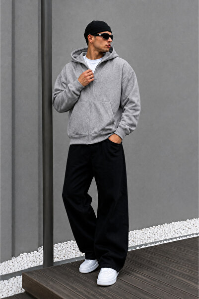 BARLİZ Erkek Oversize Cepli Fermuarlı Kapüşonlu Sweatshirt Hırka