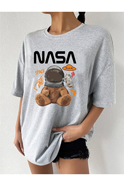 H&GHAMLEGİYİM Nasa Bear Design Printed Oversize T-Shirt