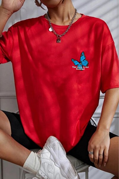 H&GHAMLEGİYİM Women's Oversize Chest Blue Butterfly Printed T-shirt