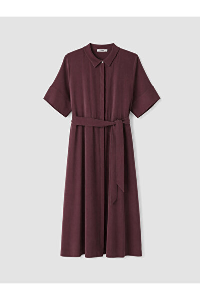 LC Waikiki Burgundy Plus Size Belted Shirt Dress