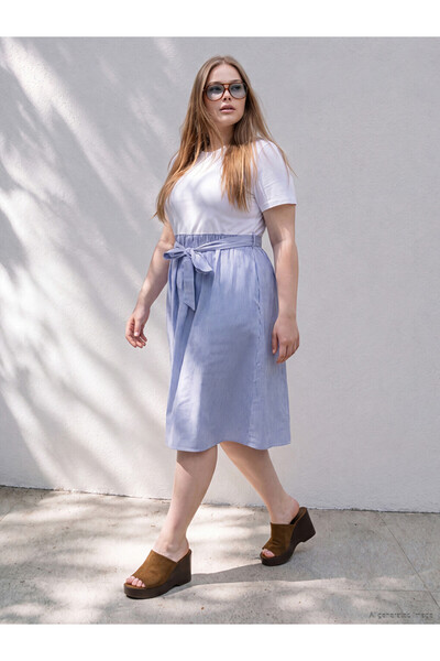 LC Waikiki White Crew Neck Striped Belted Dress