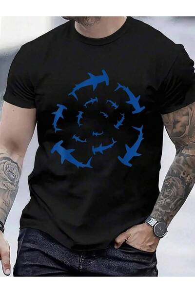 799 100% Cotton Shark Lover Silhouette Of Hammerhead Circling Above Ocean T-S...