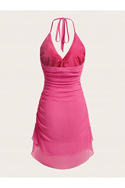 NO BRAND Rochie mini asimetrică roz cu volane, model Dreams, Shein 36