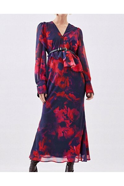 NO BRAND Rochie maxi colorată, cu decolteu în V, mâneci lungi și imprimeu flo...