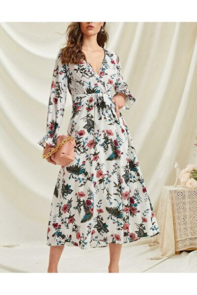 NO BRAND Rochie Midaxi Albă Clasică cu Mânecă Lungă, Design Floral, Shein 40/42