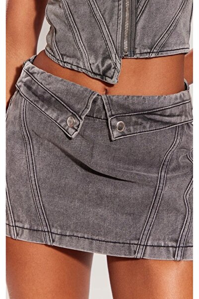 NO BRAND Fustă din denim gri, mini-plisată, cu talie joasă, Prettylittlething 40