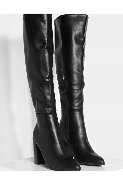 NO BRAND Cizme înalte clasice negre din piele ecologică cu toc bloc Boohoo 39