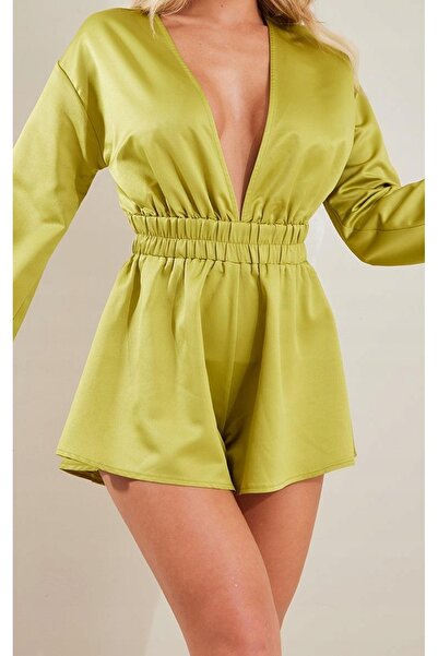 NO BRAND SALOPETĂ SCURTĂ DIN SATIN VERDE, CU MÂNECI LUNGI, NEFIINDĂ, PRETTYLI...