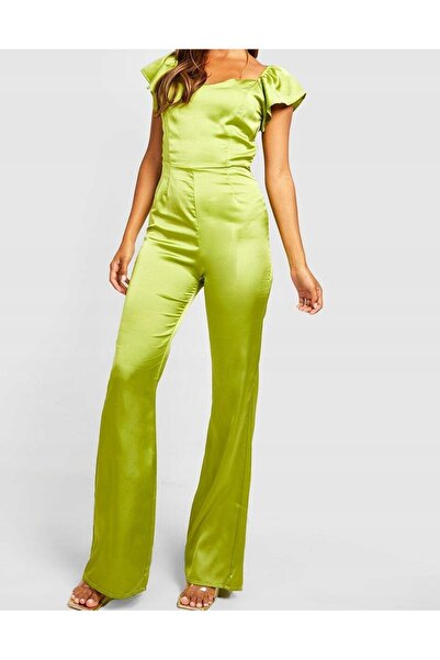NO BRAND BOOHOO SALOPETĂ LUNGĂ DIN SATIN VERDE, SIMPLĂ, CLASICĂ, CULOARE UNI 36