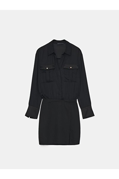 NO BRAND Rochie cămașă mini neagră, clasică, simplă, uni, cu mânecă lungă 38