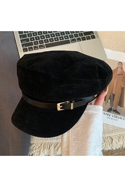 YYB Women's Suede Marine Hat Leather Belt Gold Buckle Retro Brush Hat 3 Colors