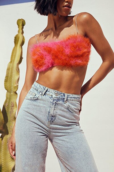 NO BRAND BOOHOO 44 TOP SCURT PORTOCALIU-ROZ CU PENE, TIP BANDEAU