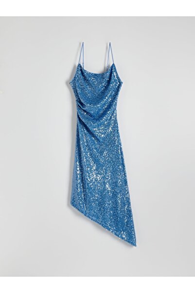 NO BRAND Rochie albastră asimetrică cu bretele cu paiete, mărimea L.