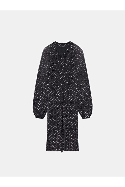 NO BRAND Rochie mini neagră plisată, cu guler cu fundă, mânecă lungă, XS